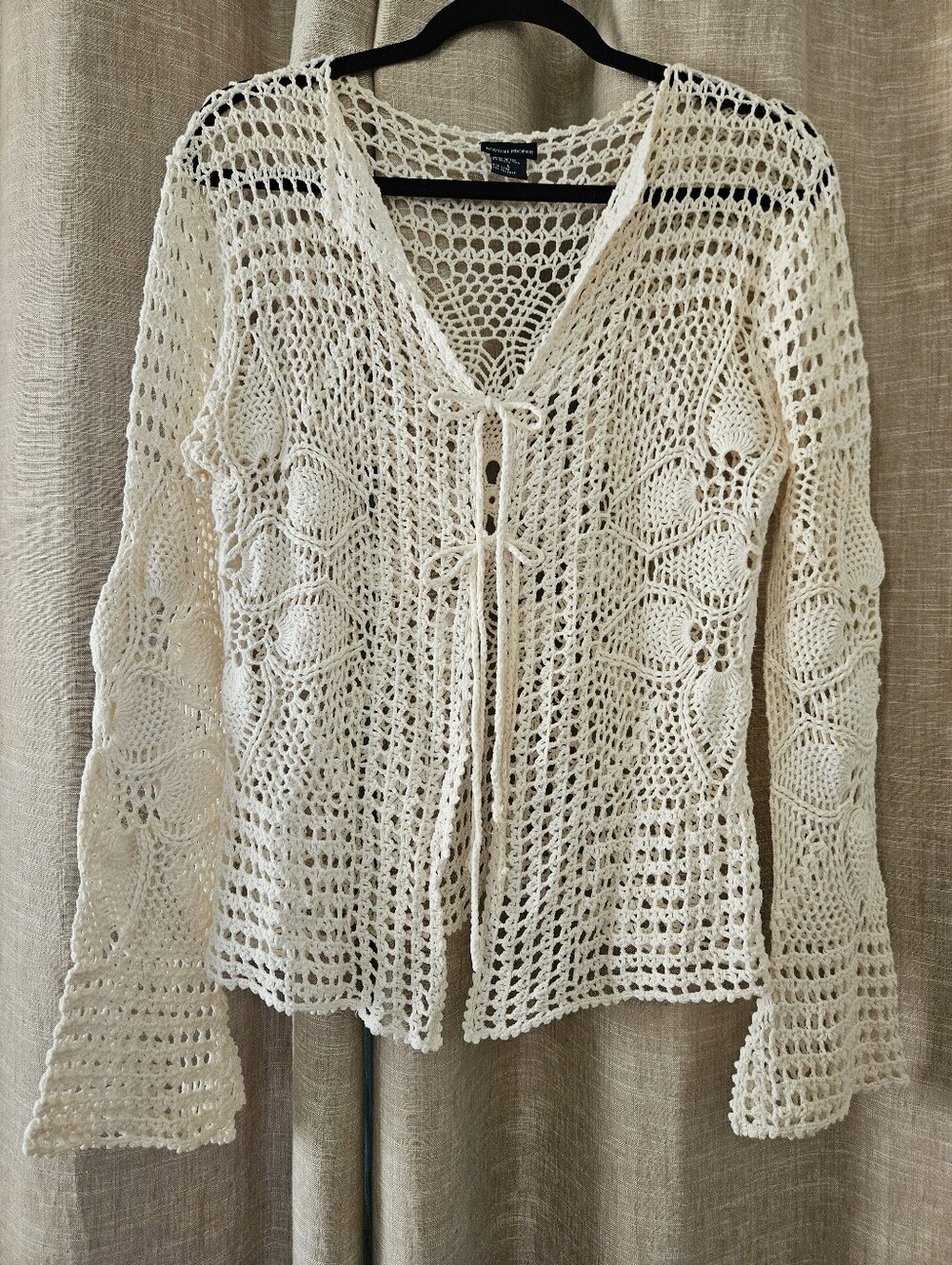 Boston Proper Cream Crochet Tie Front Cardigan Large Linen/Cotton